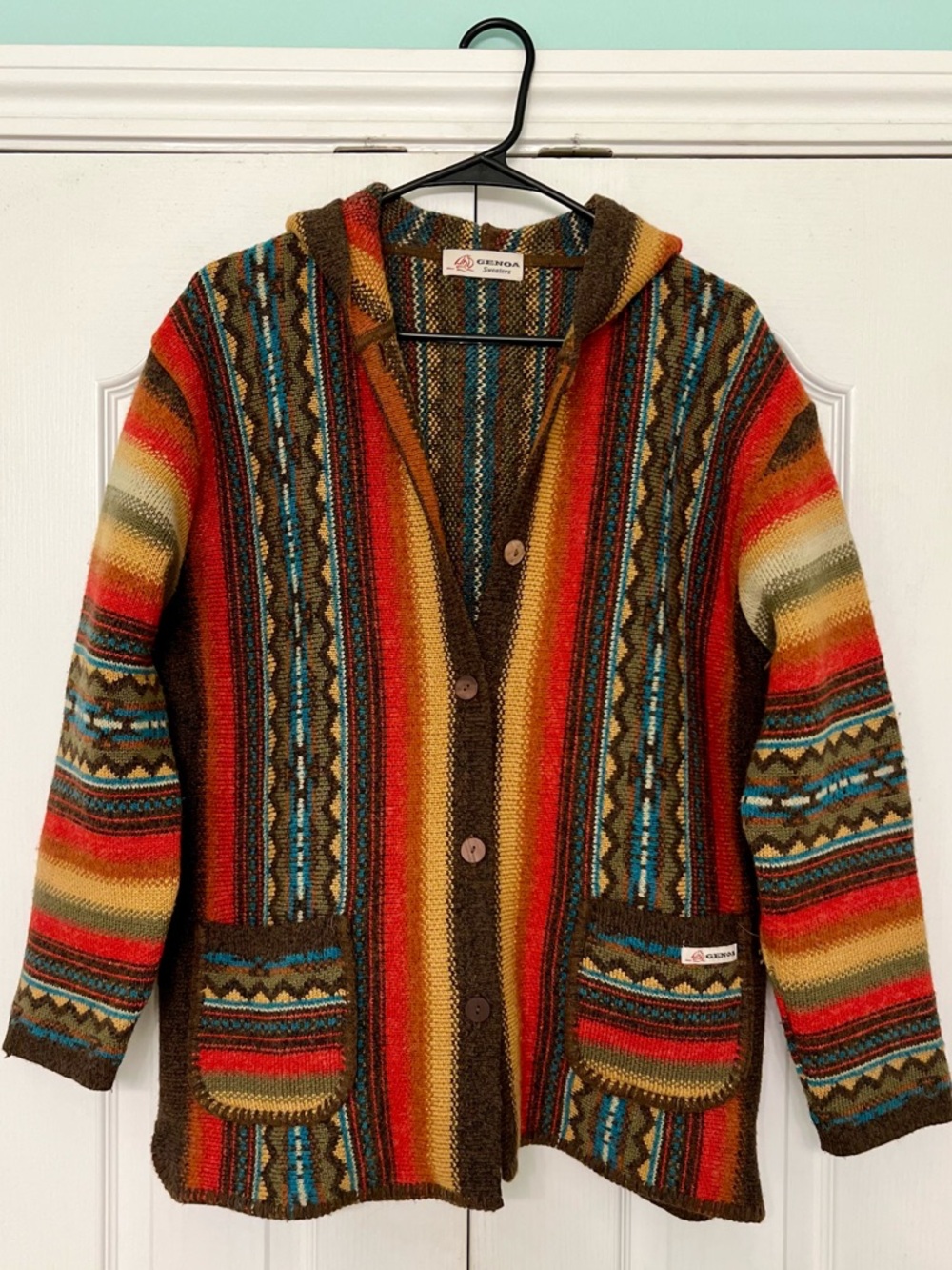 Vintage Genoa Sweaters Striped Hooded Wood Button Wool Cardigan